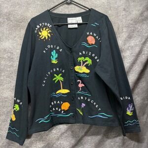 Vintage Michael Simon Lite Summer Vacation Travel Destination Cardigan XL Black